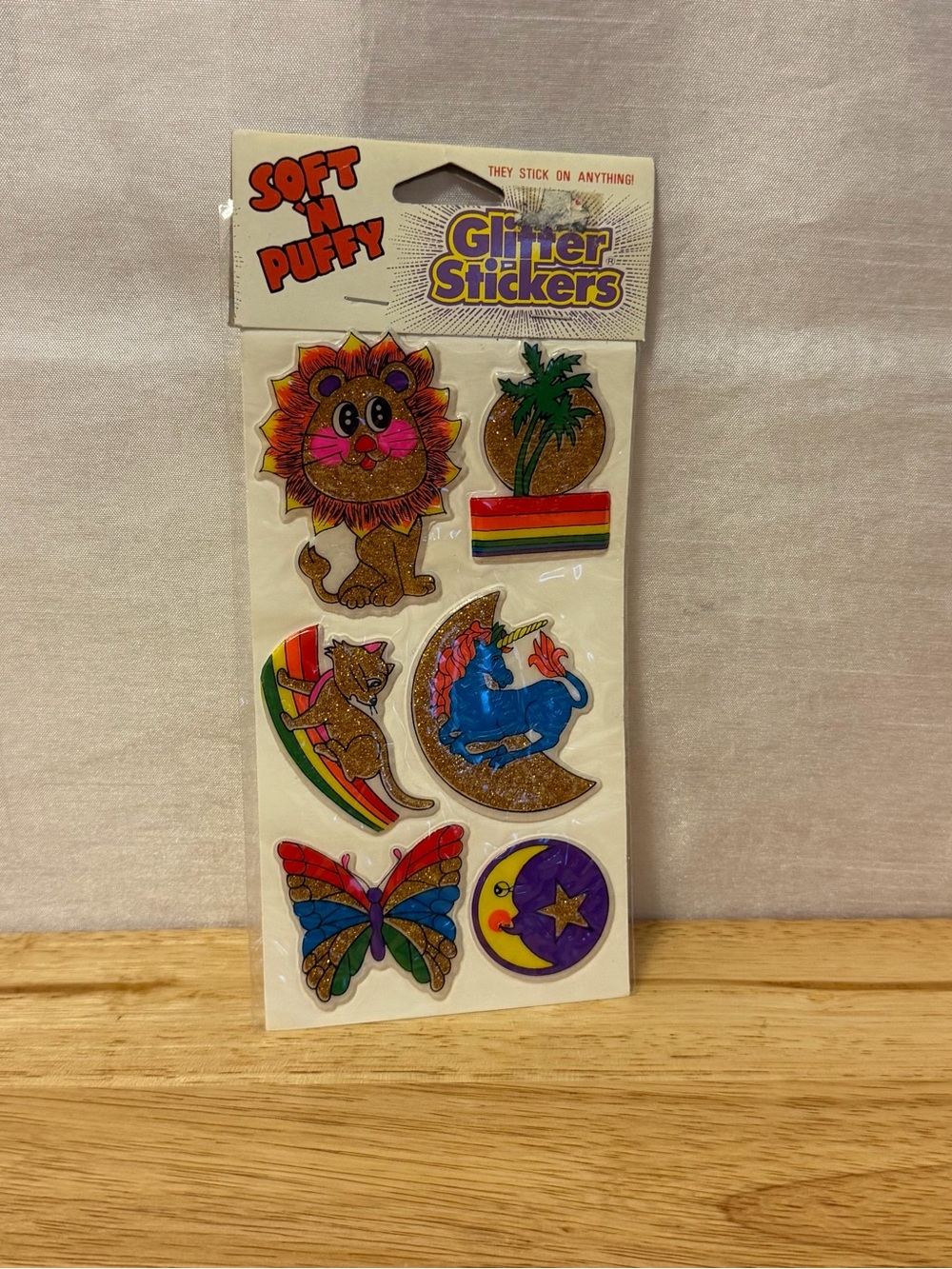 1983 Vintage Soft N Puffy Glitter Stickers Unicorn Lion Cat Butterfly Moon
